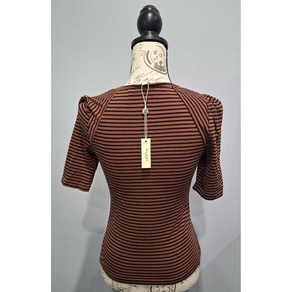 NWT Max Studio London Brown & Black Striped Puff Sleeve Scoop Neck Top/Sz. XS - Picture 3 of 8